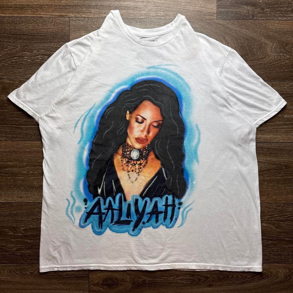 White Aaliyah Airbrush Effect Graphic Tee; Blue Aura & Text 'AALIYAH' Below
